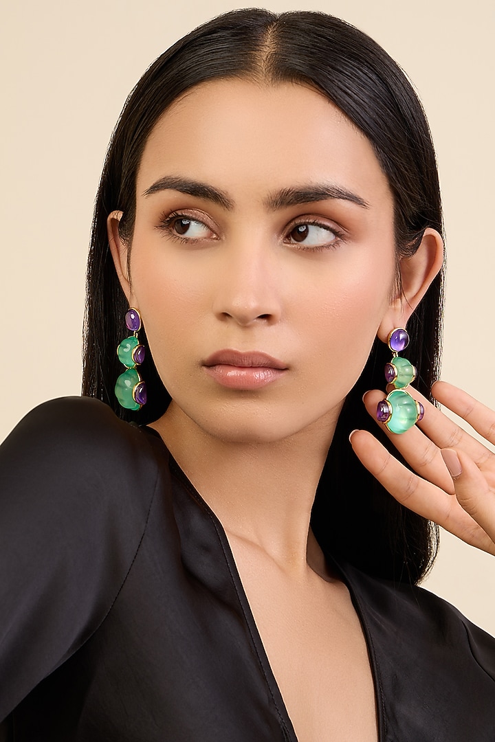 Gold Plated Aqua Amethyst & Resin Dangler Earrings by Isharya at Pernia's Pop Up Shop