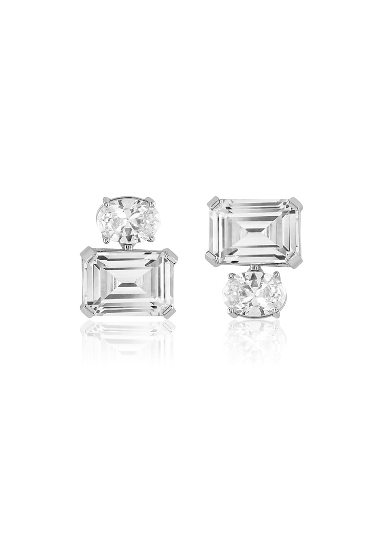 White Rhodium Finish White Synthetic Stone Stud Earrings by Isharya at Pernia's Pop Up Shop