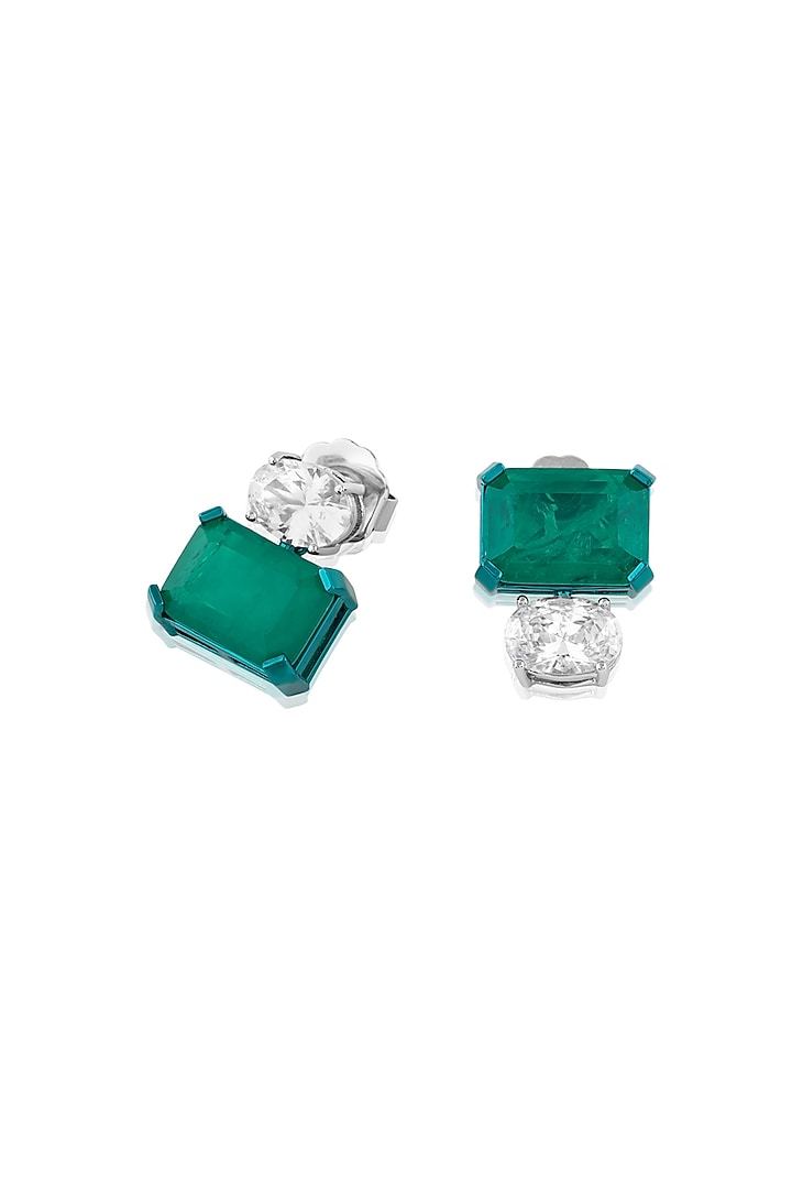 White Rhodium Finish Emerald Doublet Stone Stud Earrings by Isharya at Pernia's Pop Up Shop
