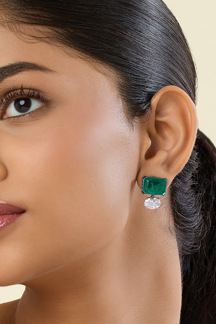 White Rhodium Finish Emerald Doublet Stone Stud Earrings by Isharya at Pernia's Pop Up Shop