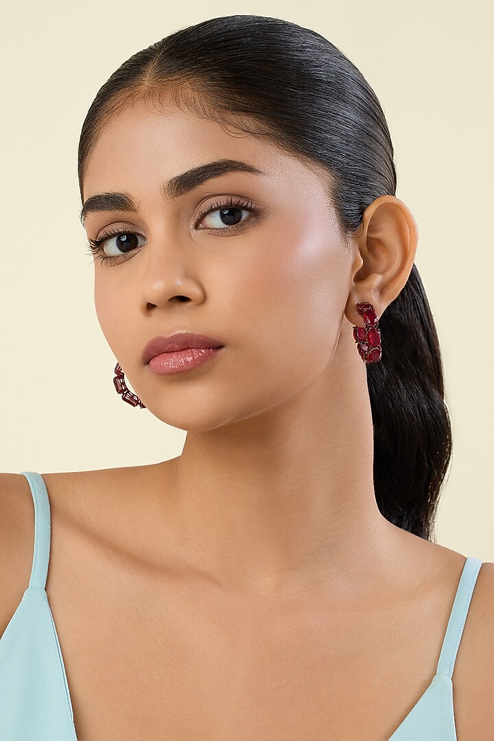 White Rhodium Finish Ruby Doublet Stone Hoop Earrings by Isharya at Pernia's Pop Up Shop