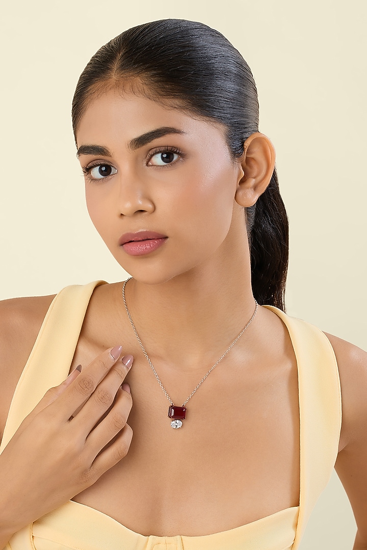 White Rhodium Finish Ruby Doublet Stone Pendant Necklace by Isharya at Pernia's Pop Up Shop