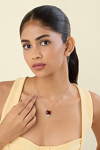 White Rhodium Finish Ruby Doublet Stone Pendant Necklace by Isharya