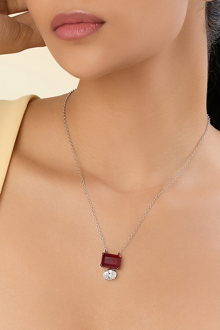 White Rhodium Finish Ruby Doublet Stone Pendant Necklace by Isharya at Pernia's Pop Up Shop