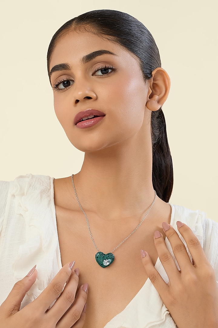 White Rhodium Finish CZ Green & White Stone Pendant Necklace by Isharya at Pernia's Pop Up Shop