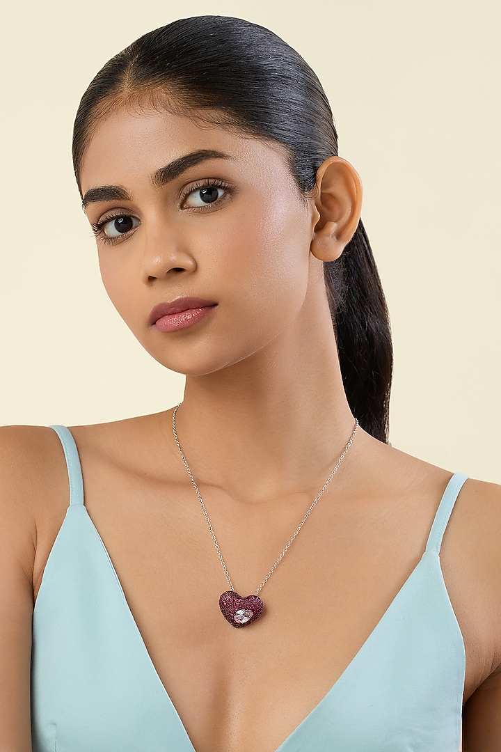 White Rhodium Finish CZ Red & White Stone Pendant Necklace by Isharya at Pernia's Pop Up Shop