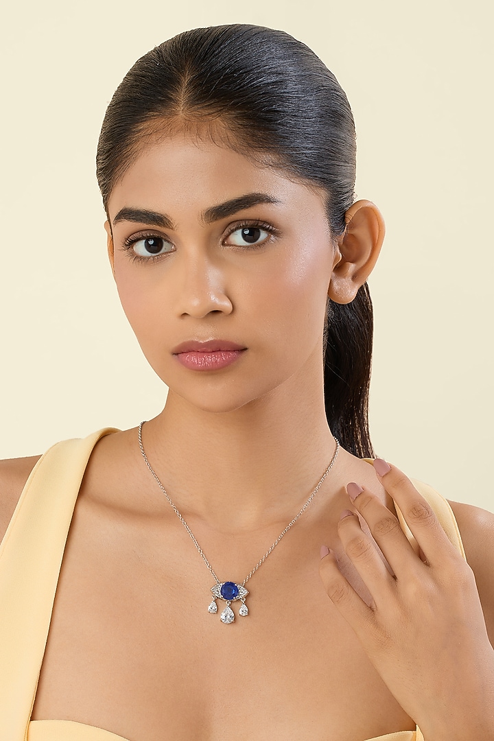 White Rhodium Finish Sapphire Doublet Stone Pendant Necklace by Isharya at Pernia's Pop Up Shop