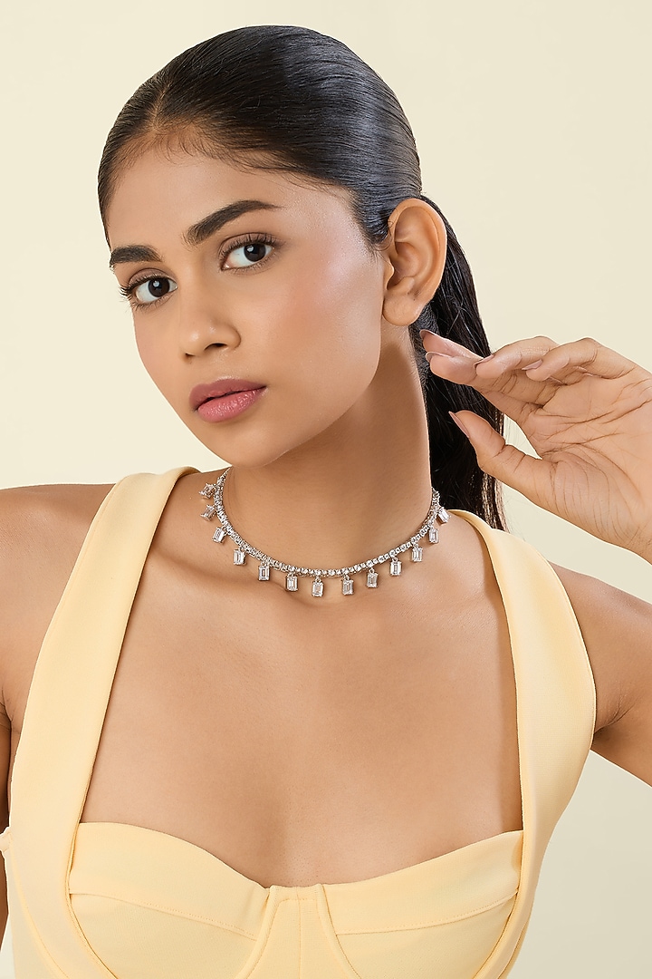 White Rhodium Finish Silver Synthetic Stone Choker Necklace by Isharya at Pernia's Pop Up Shop