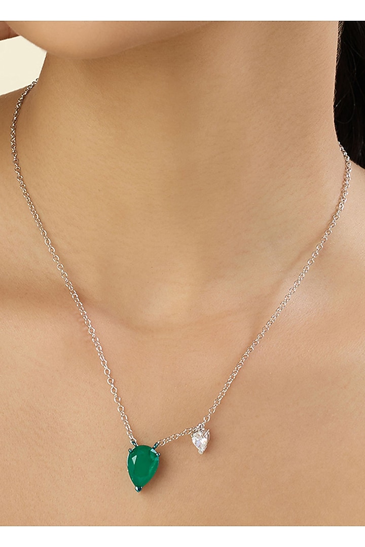 White Rhodium Finish Emerald Doublet Stone Pendant Necklace by Isharya at Pernia's Pop Up Shop