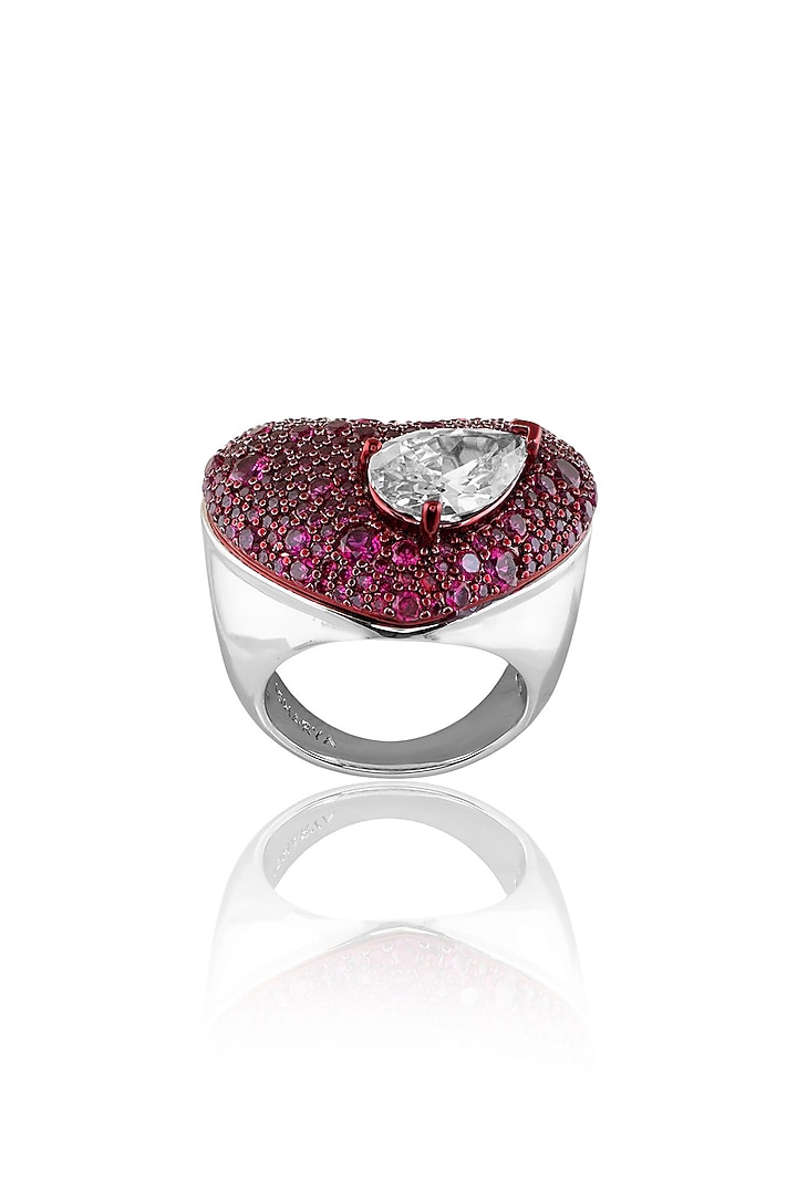 White Rhodium Finish CZ Red Gemstone Ring by Isharya at Pernia's Pop Up Shop