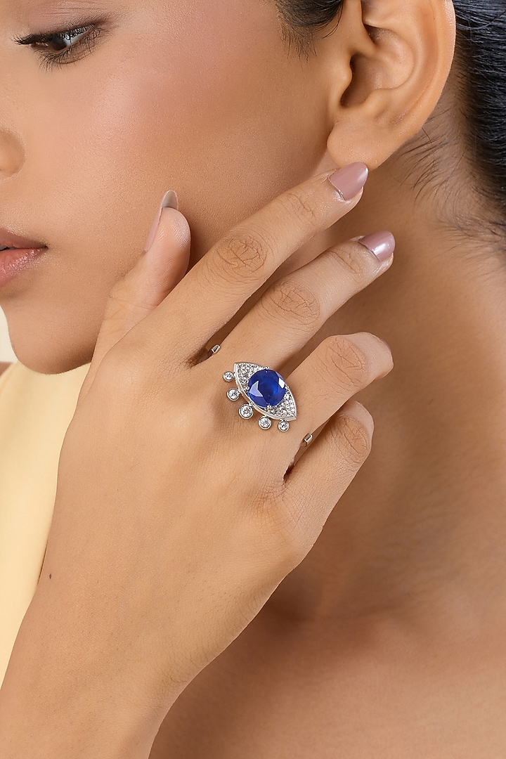 White Rhodium Finish Sapphire Doublet Stone Ring by Isharya at Pernia's Pop Up Shop