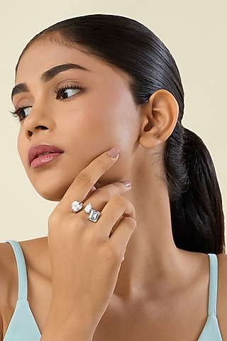 White Rhodium Finish Silver Synthetic Stone Ring by Isharya