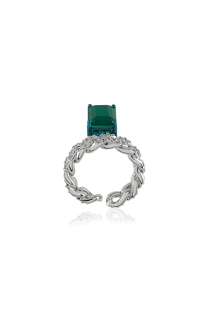 White Rhodium Finish Green Gemstone Ring by Isharya at Pernia's Pop Up Shop
