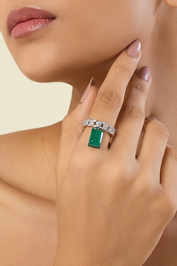 White Rhodium Finish Green Gemstone Ring by Isharya at Pernia's Pop Up Shop