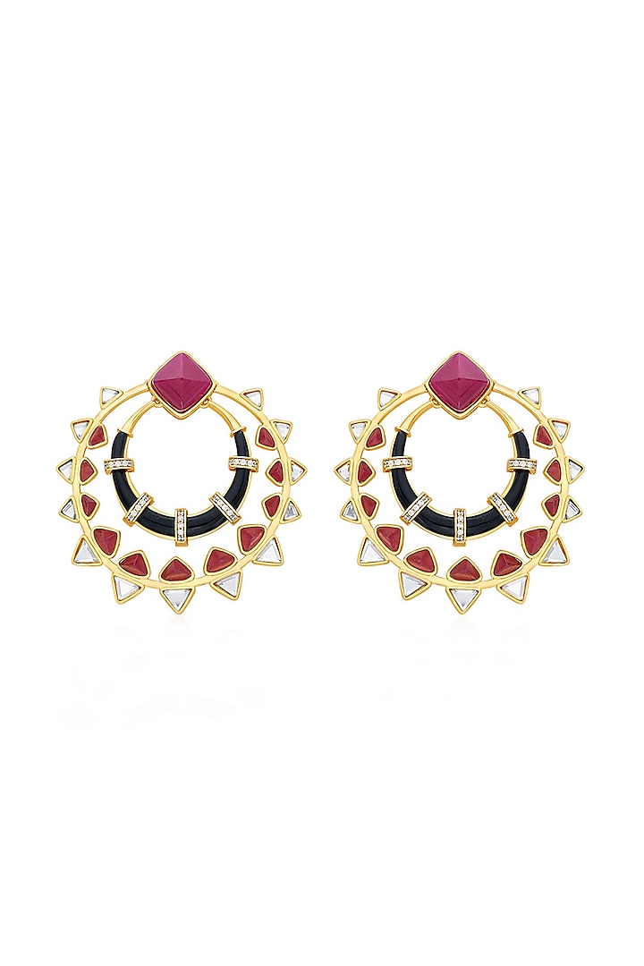Gold Plated Pink Jade & Black Onyx Chandbali Earrings by Isharya