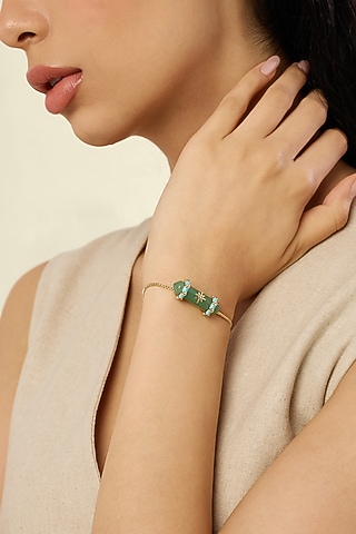 Gold Plated Crystal Zirconia & Green Aventurine Stone Enameled Bracelet by Isharya