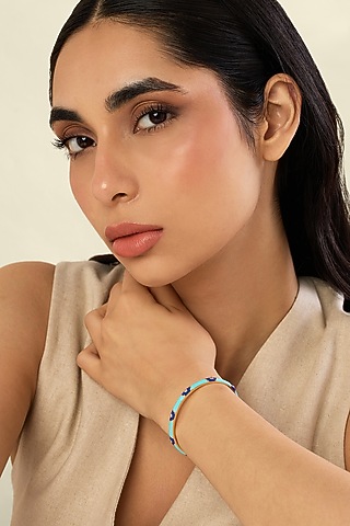 Gold Plated Crystal Zirconia & Evil-eye Motif Blue Enameled Cuff by Isharya