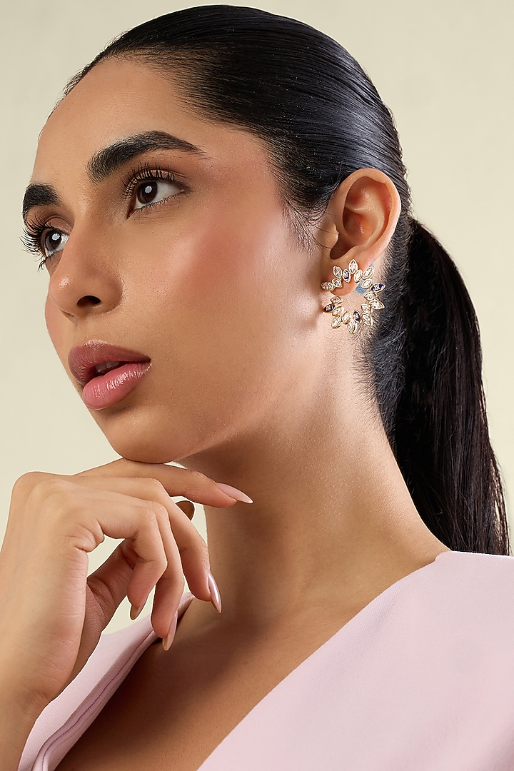 Gold Plate Crystal Zirconia Blue Enameled Stud Earrings by Isharya at Pernia's Pop Up Shop