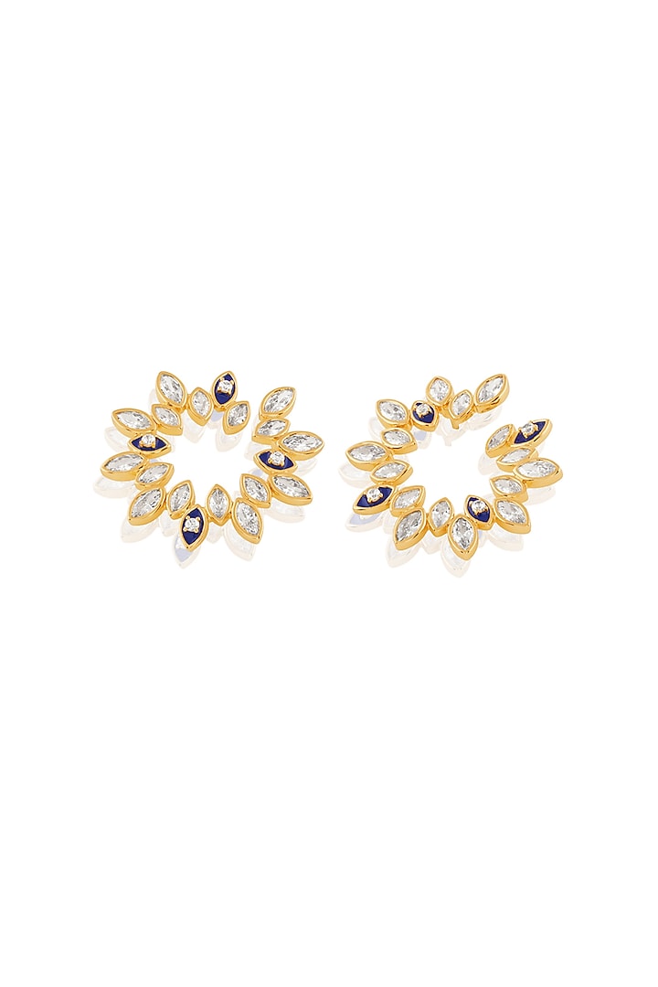 Gold Plate Crystal Zirconia Blue Enameled Stud Earrings by Isharya at Pernia's Pop Up Shop