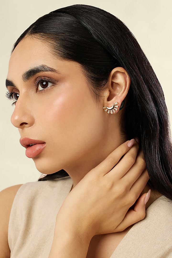 Gold Plated Crystal Zirconia Black Enameled Curved Stud Earrings by Isharya at Pernia's Pop Up Shop