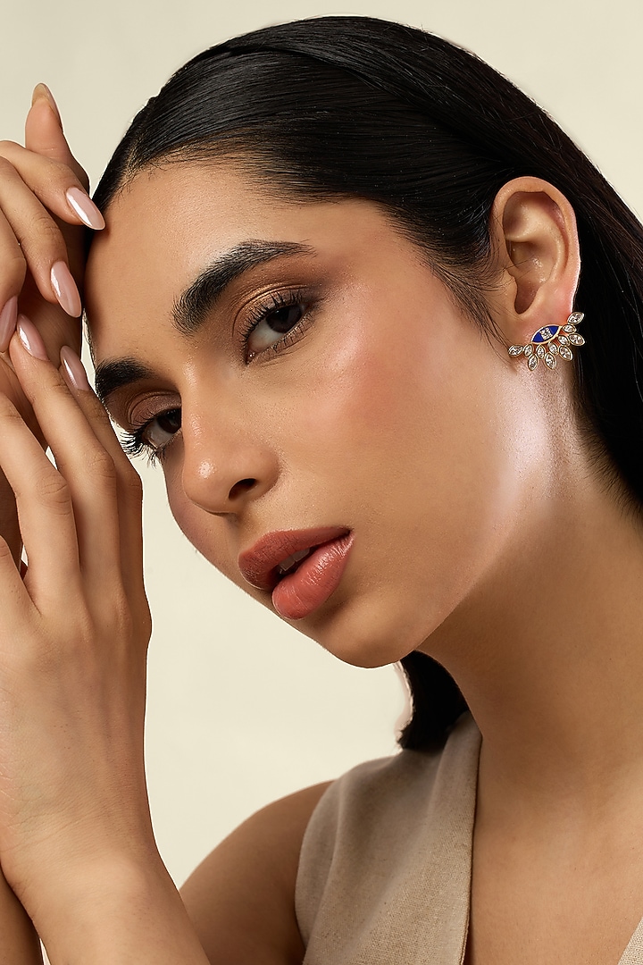 Gold Plated Crystal Zirconia Blue Enameled Evil-Eye Stud Earrings by Isharya at Pernia's Pop Up Shop