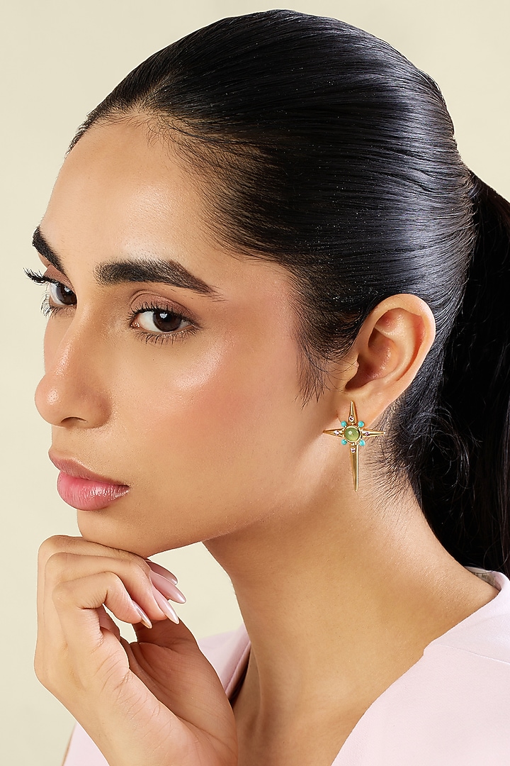 Gold Plated Green Aventurine Stone & Turquoise Beaded Cross Stud Earrings by Isharya at Pernia's Pop Up Shop