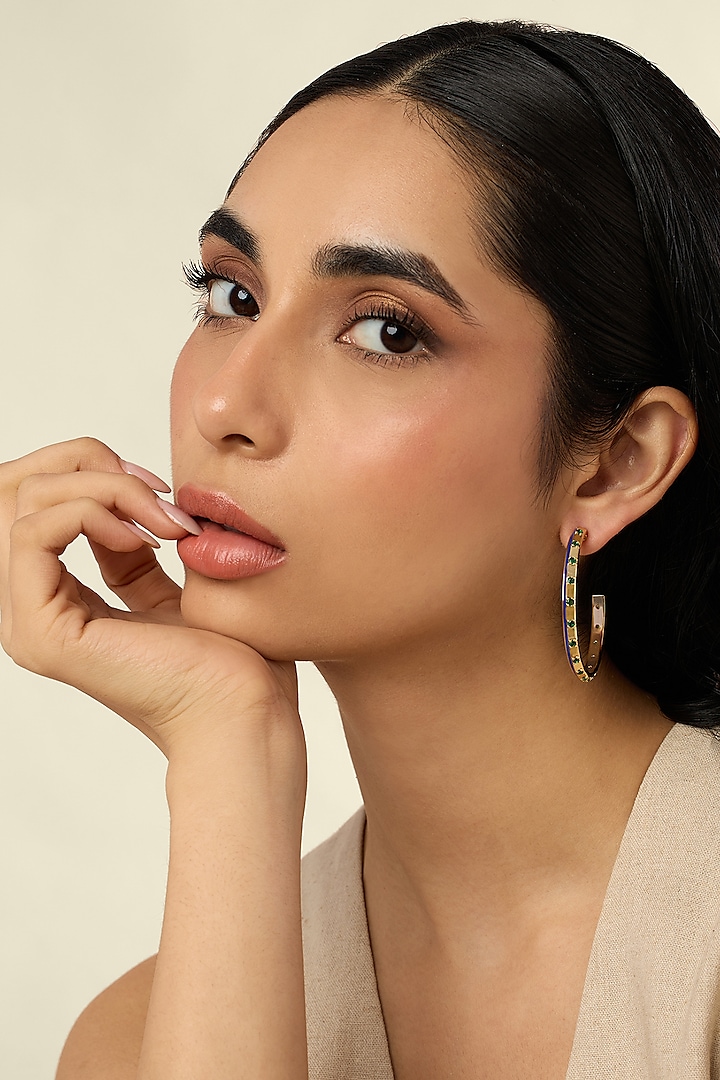 Gold Plated Crystal Zirconia Blue Enameled Hoop Earrings by Isharya at Pernia's Pop Up Shop