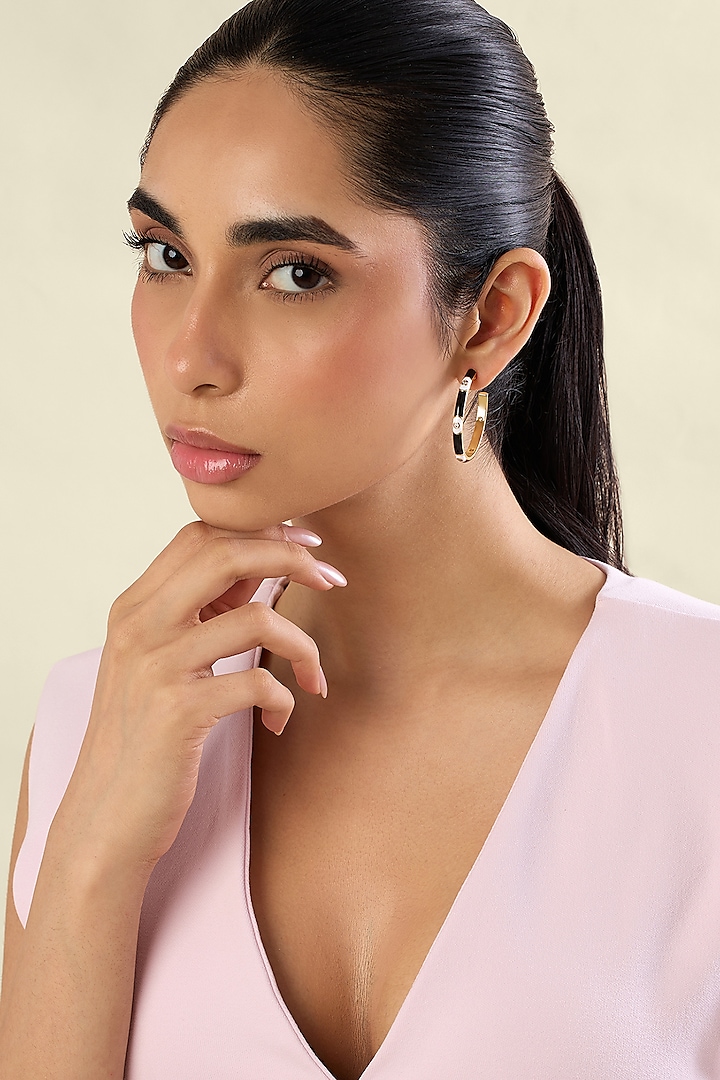 Gold Plated Crystal Zirconia Black Enameled Hoop Earrings by Isharya at Pernia's Pop Up Shop