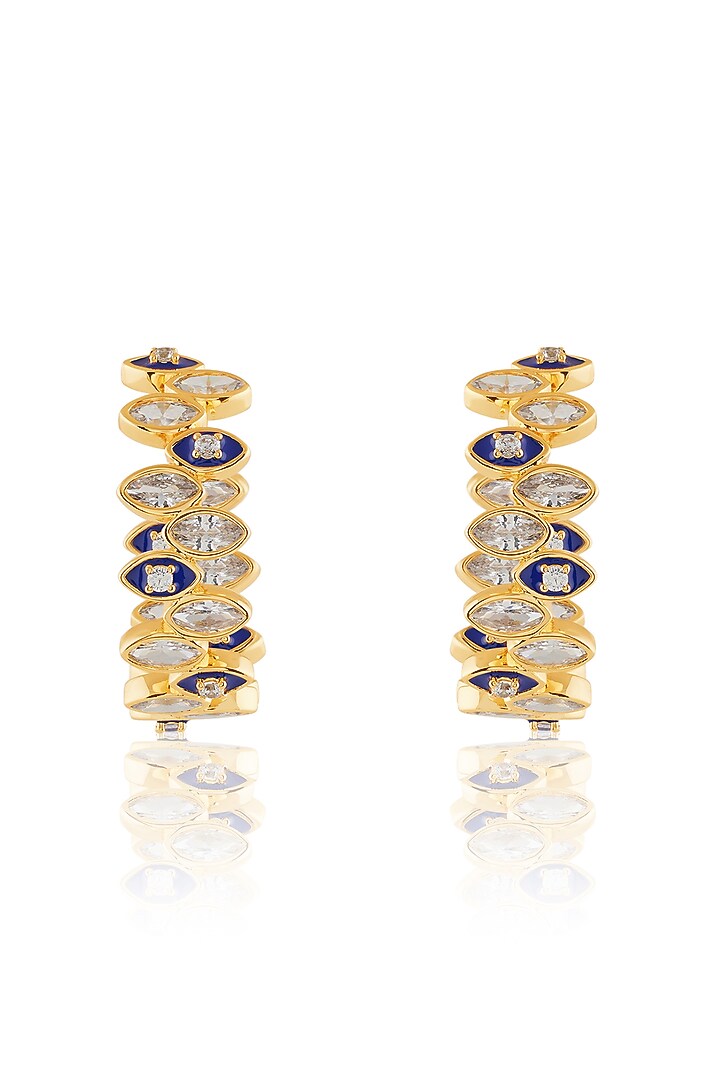 Gold Plated Crystal Zirconia Blue Enameled Hoop Earrings by Isharya at Pernia's Pop Up Shop