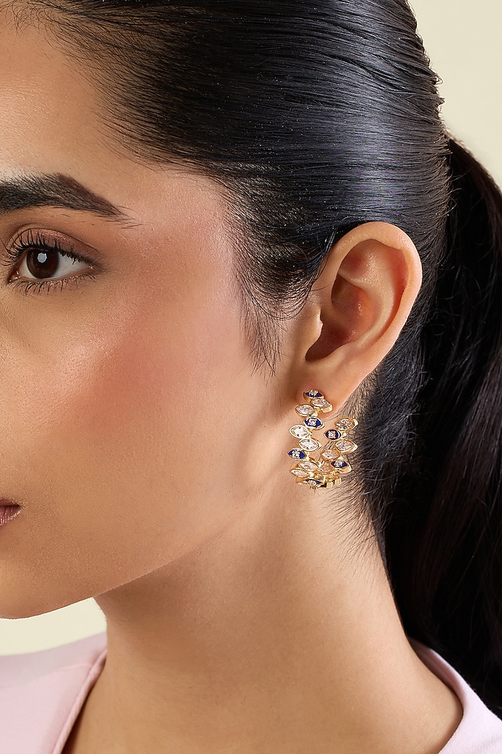 Gold Plated Crystal Zirconia Blue Enameled Hoop Earrings by Isharya at Pernia's Pop Up Shop