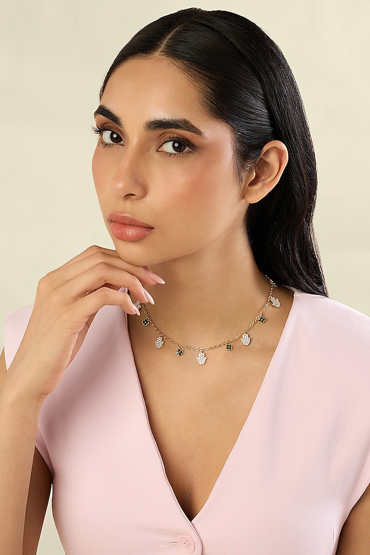 Gold Plated Green Aventurine & Crystal Zirconia Necklace by Isharya at Pernia's Pop Up Shop