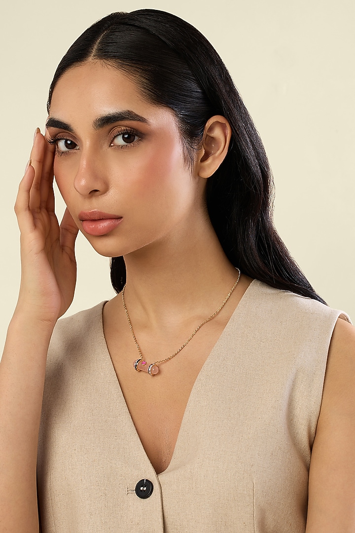 Gold Plated Rose quartz & Crystal Zirconia Enameled Pendant Necklace by Isharya at Pernia's Pop Up Shop