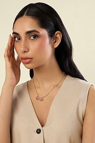 Gold Plated Rose quartz & Crystal Zirconia Enameled Pendant Necklace by Isharya