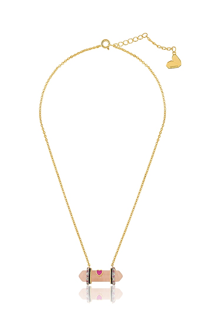 Gold Plated Rose quartz & Crystal Zirconia Enameled Pendant Necklace by Isharya at Pernia's Pop Up Shop