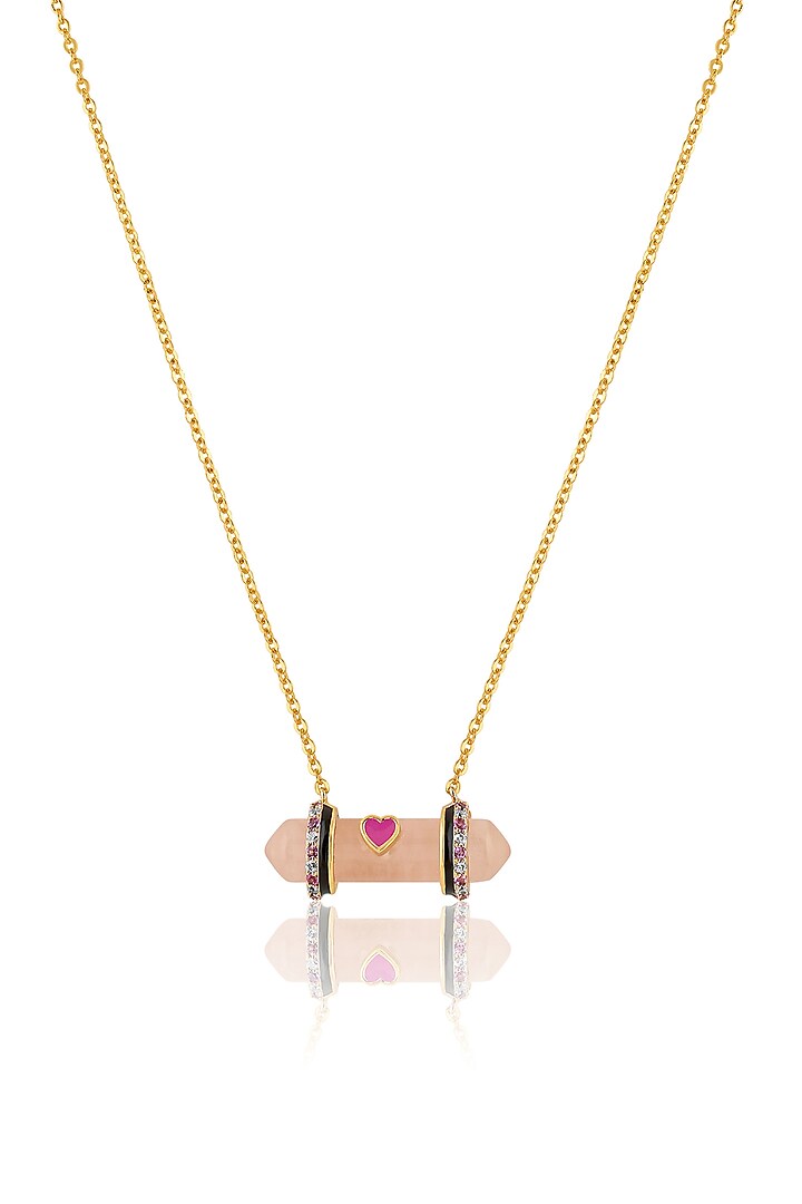 Gold Plated Rose quartz & Crystal Zirconia Enameled Pendant Necklace by Isharya at Pernia's Pop Up Shop