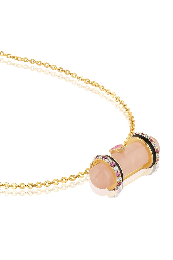 Gold Plated Rose quartz & Crystal Zirconia Enameled Pendant Necklace by Isharya at Pernia's Pop Up Shop