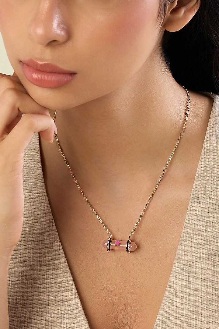 Gold Plated Rose quartz & Crystal Zirconia Enameled Pendant Necklace by Isharya at Pernia's Pop Up Shop