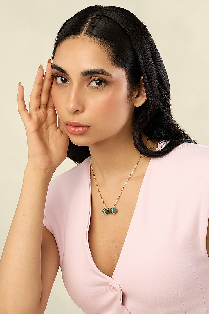 Gold Plated Green Aventurine Stone Turquoise Enameled Pendant Necklace by Isharya at Pernia's Pop Up Shop