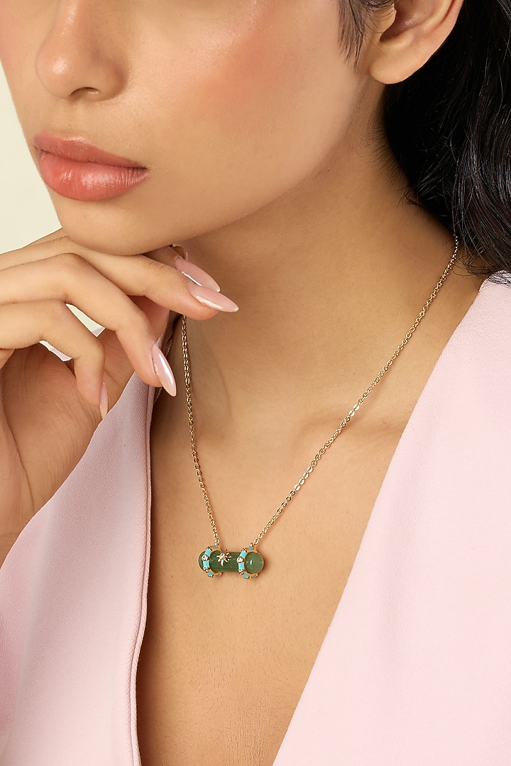 Gold Plated Green Aventurine Stone Turquoise Enameled Pendant Necklace by Isharya at Pernia's Pop Up Shop