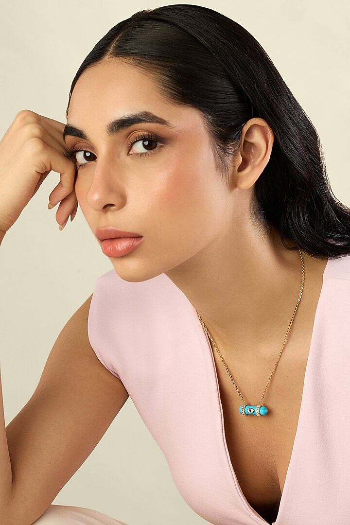 Gold Plated Turquoise Stone Tranquil-Eye Enameled Necklace by Isharya at Pernia's Pop Up Shop