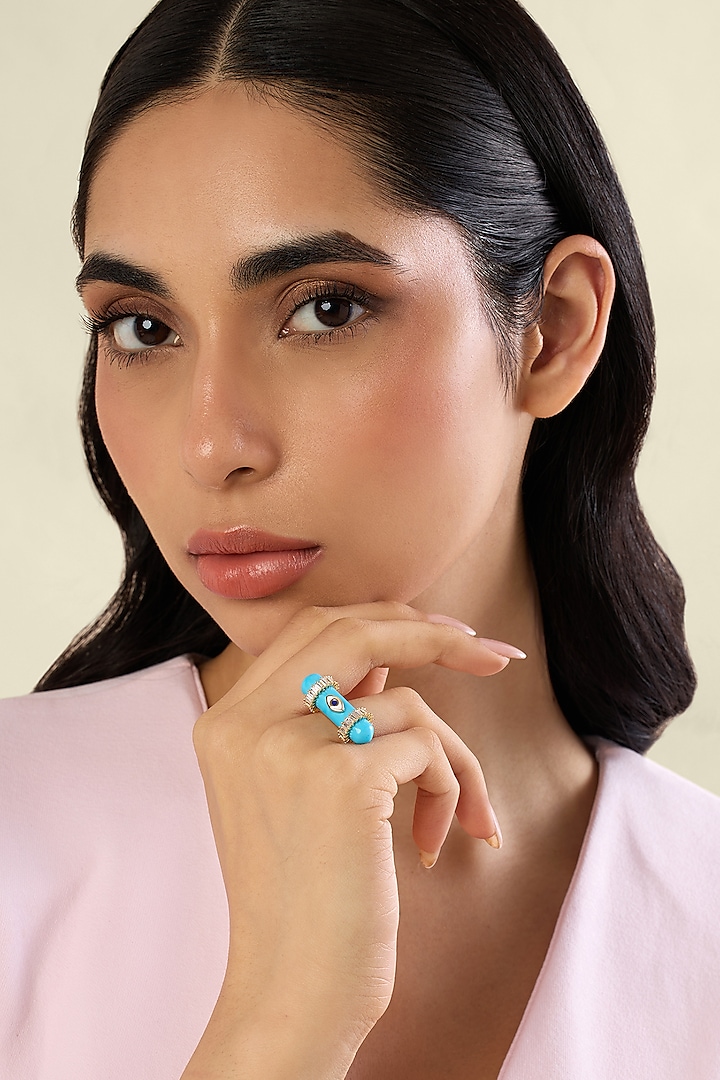 Gold Plated Turquoise Stone & Crystal Zirconia Enameled Ring by Isharya at Pernia's Pop Up Shop
