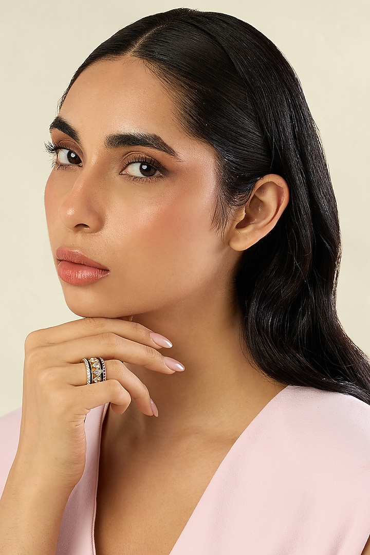 Gold Plated Pink & White Crystal Zirconia Enameled Ring by Isharya at Pernia's Pop Up Shop