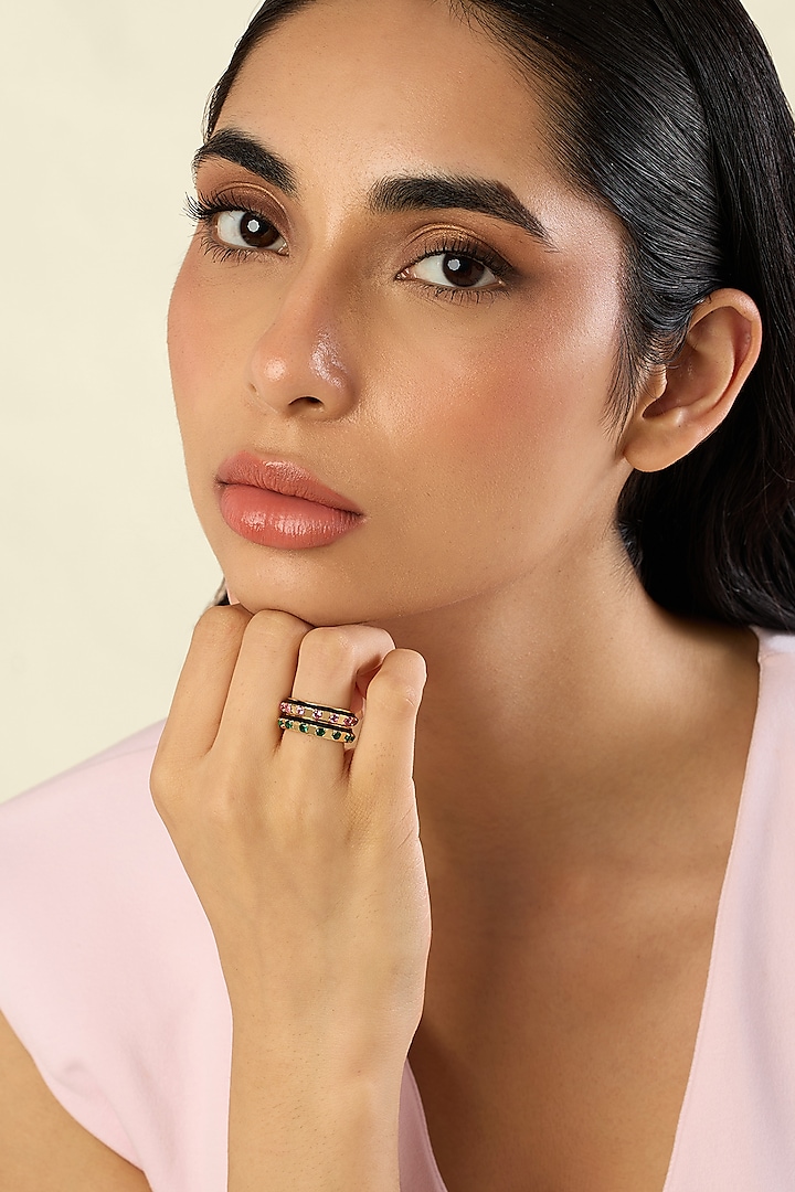 Gold Plated Pink & Blue Crystal Zirconia Enameled Rings (Set Of 2) by Isharya at Pernia's Pop Up Shop