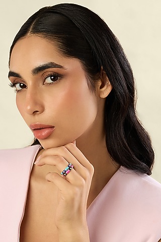 Gold Plated Crystal Zirconia Pink & Blue Enameled Rings (Set Of 2) by Isharya