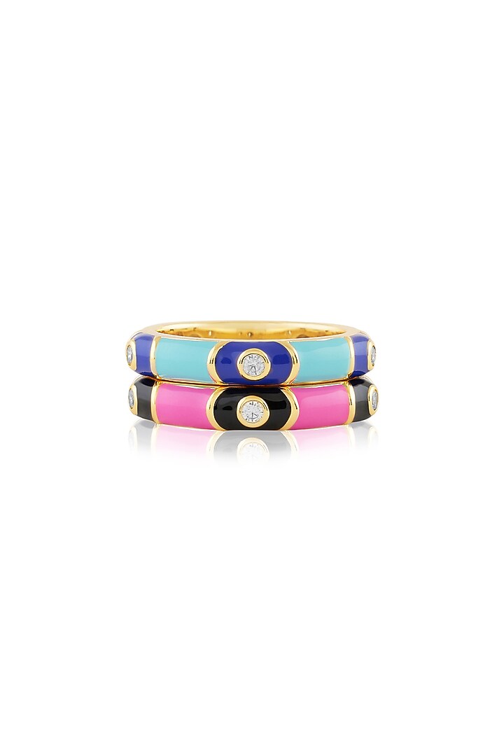 Gold Plated Crystal Zirconia Pink & Blue Enameled Rings (Set Of 2) by Isharya at Pernia's Pop Up Shop