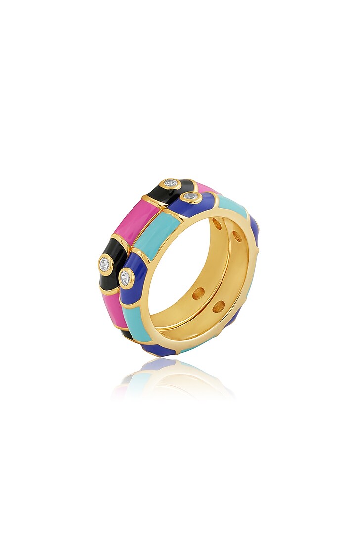 Gold Plated Crystal Zirconia Pink & Blue Enameled Rings (Set Of 2) by Isharya at Pernia's Pop Up Shop