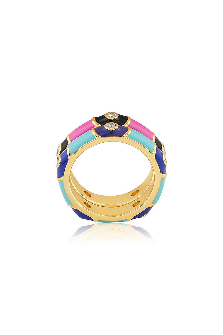 Gold Plated Crystal Zirconia Pink & Blue Enameled Rings (Set Of 2) by Isharya at Pernia's Pop Up Shop