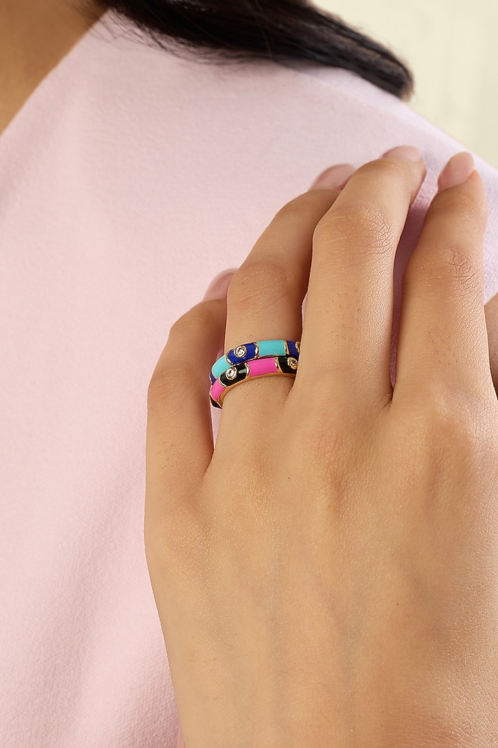 Gold Plated Crystal Zirconia Pink & Blue Enameled Rings (Set Of 2) by Isharya at Pernia's Pop Up Shop