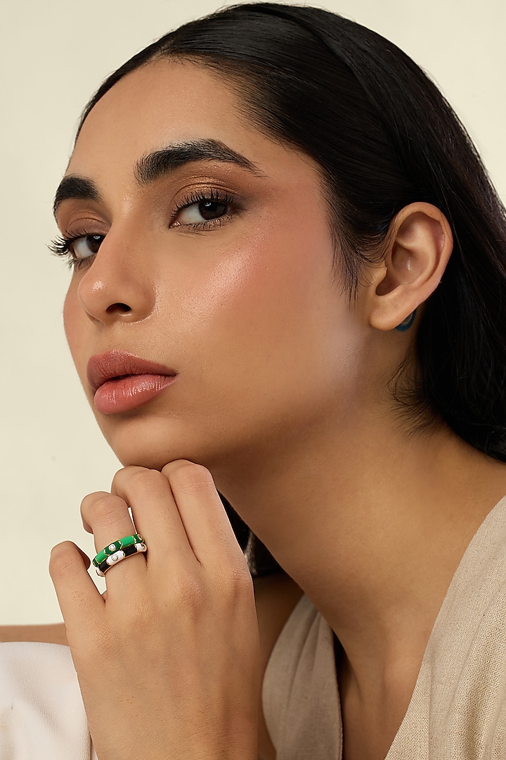 Gold Plated Crystal Zirconia Multi-Colored Enameled Rings (Set Of 2) by Isharya at Pernia's Pop Up Shop