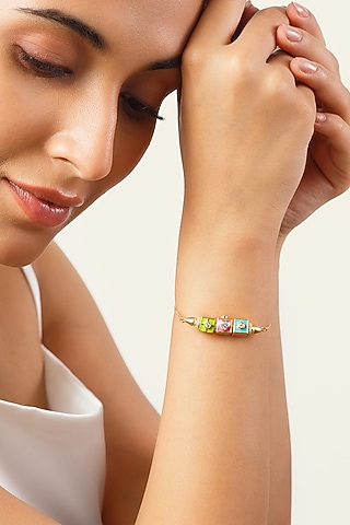 Gold Plated Pink Synthetic Stone & CZ Fidgeting Heart Bracelet by Isharya
